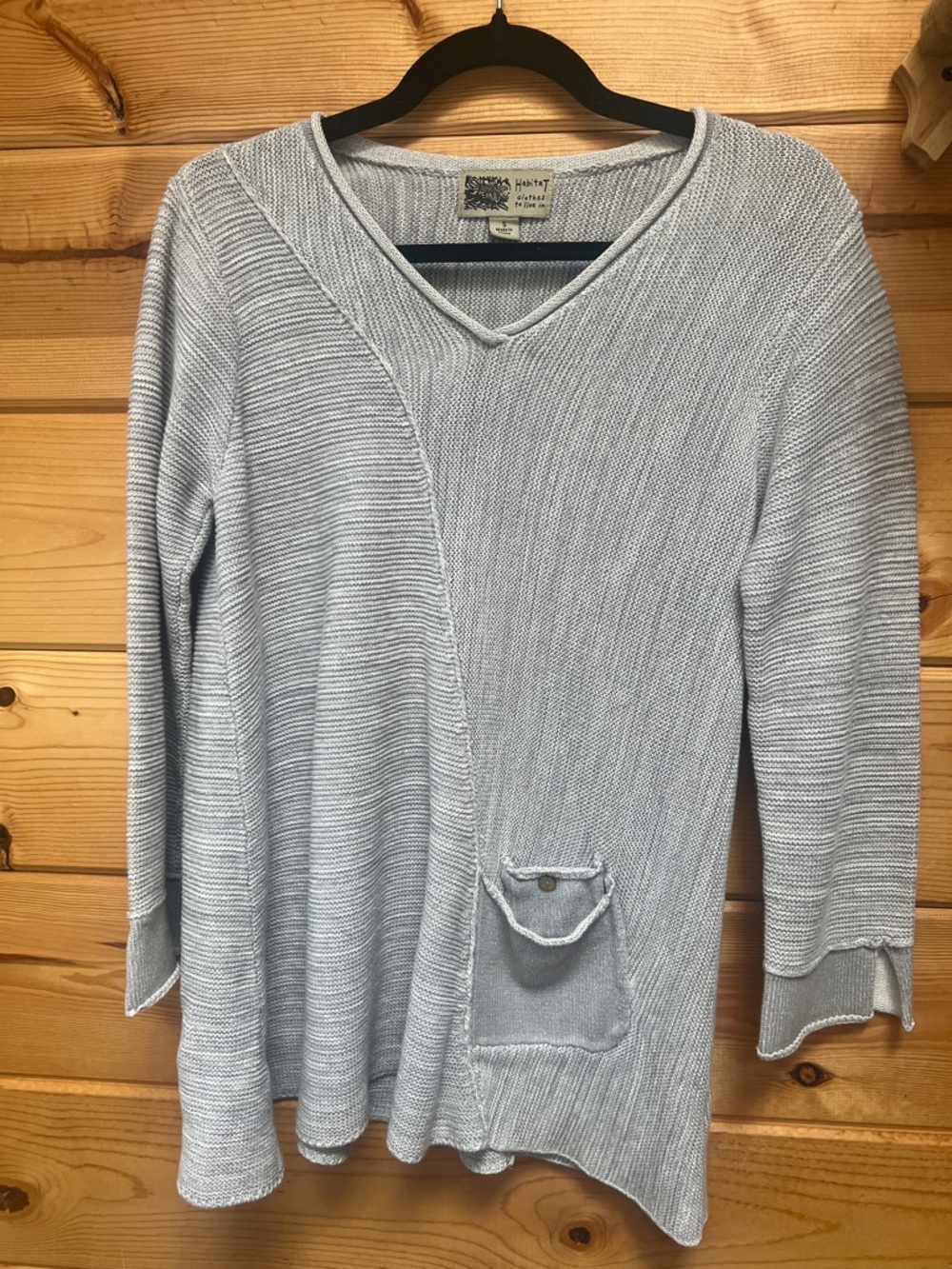 Habitat 100% Cotton Light Grey Textured Knit V-Neck Sweater Pocket Relaxed Fit